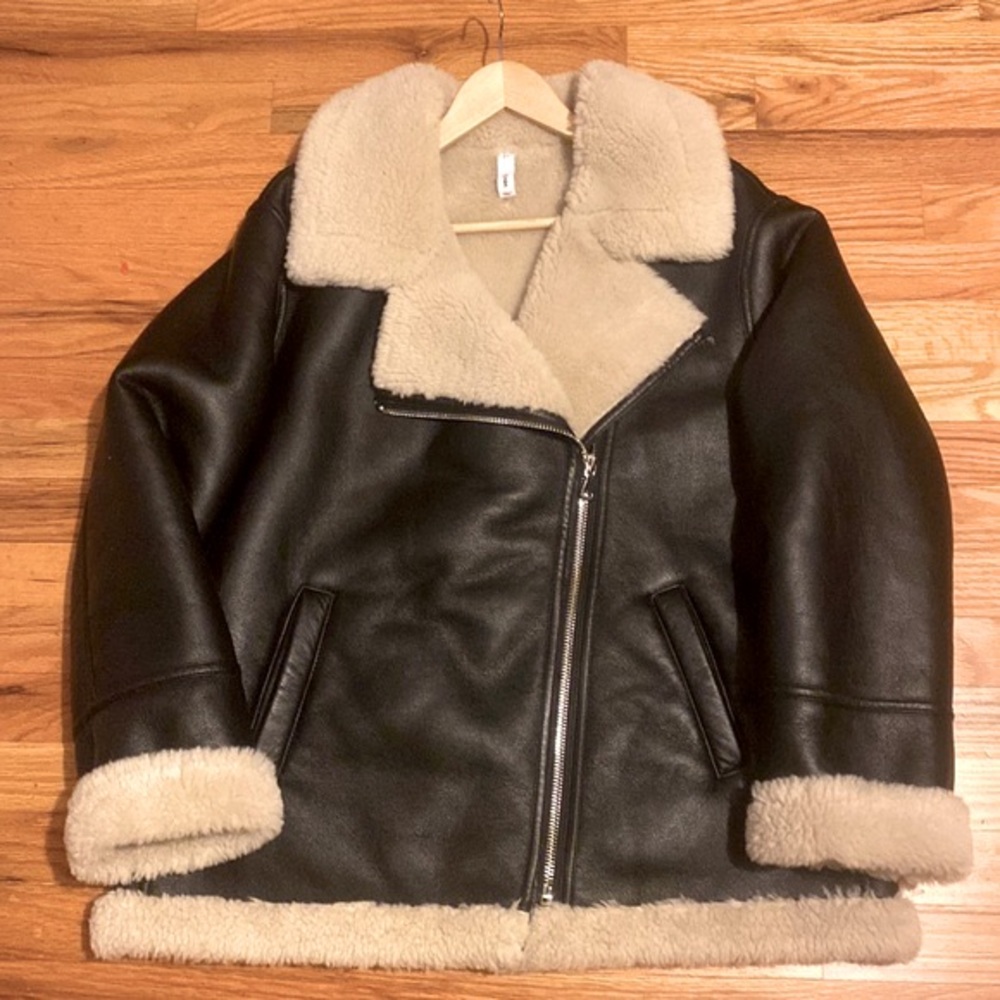 Mango MNG Moto Faux Shearling Lined Jacket Black Size L- NWOT 10/10 Condition
